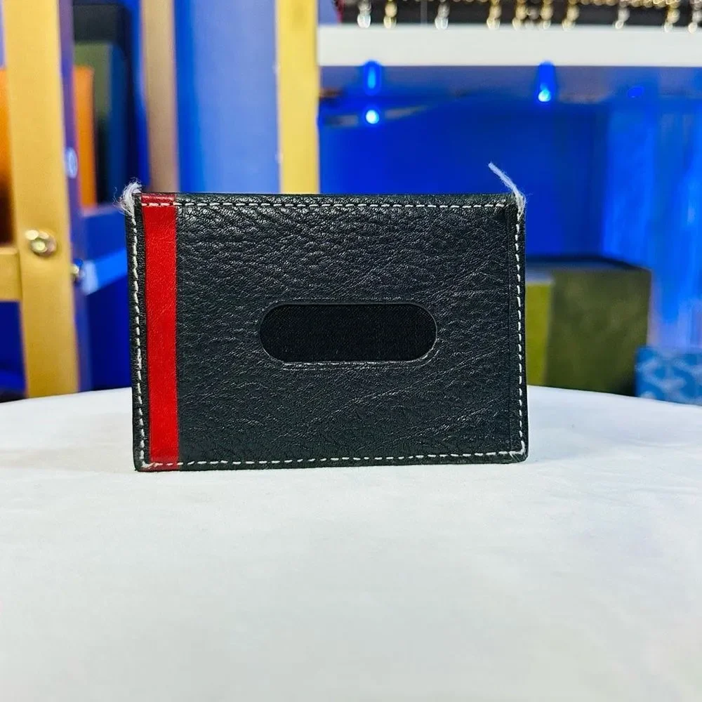 Takeo Kikuchi Black Red Strip Leather Men’s Compact Card Holder Case Wallet
